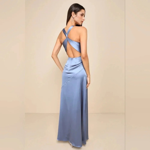 Lulus Purely Elegant Slate Blue Satin Twist-Back Maxi Dress Wedding Party Prom - Picture 5 of 12